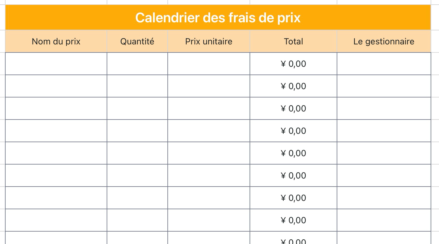 Calendrier des frais de prix
